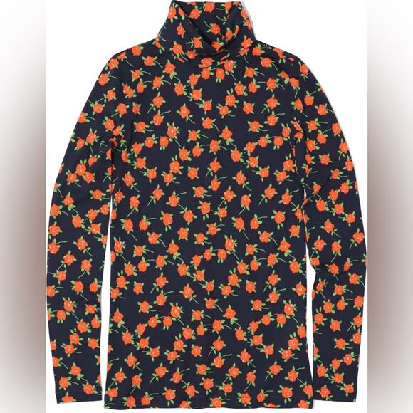 NWT J Crew Mock Neck Floral Longsleeve Top, Orange, Navy, Size Small - Picture 1 of 8
